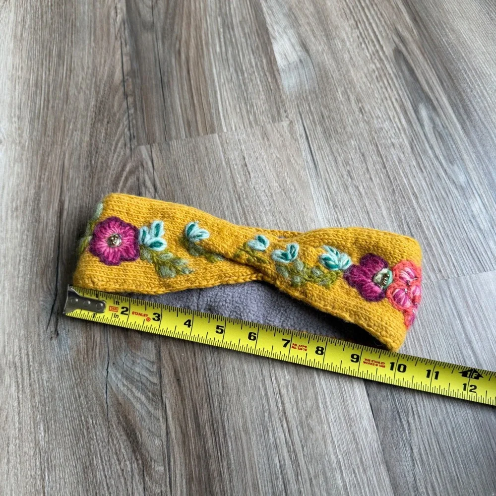 French Knot Yellow Wool Embroidered Floral Fleece Lined Ear Warmer Headband